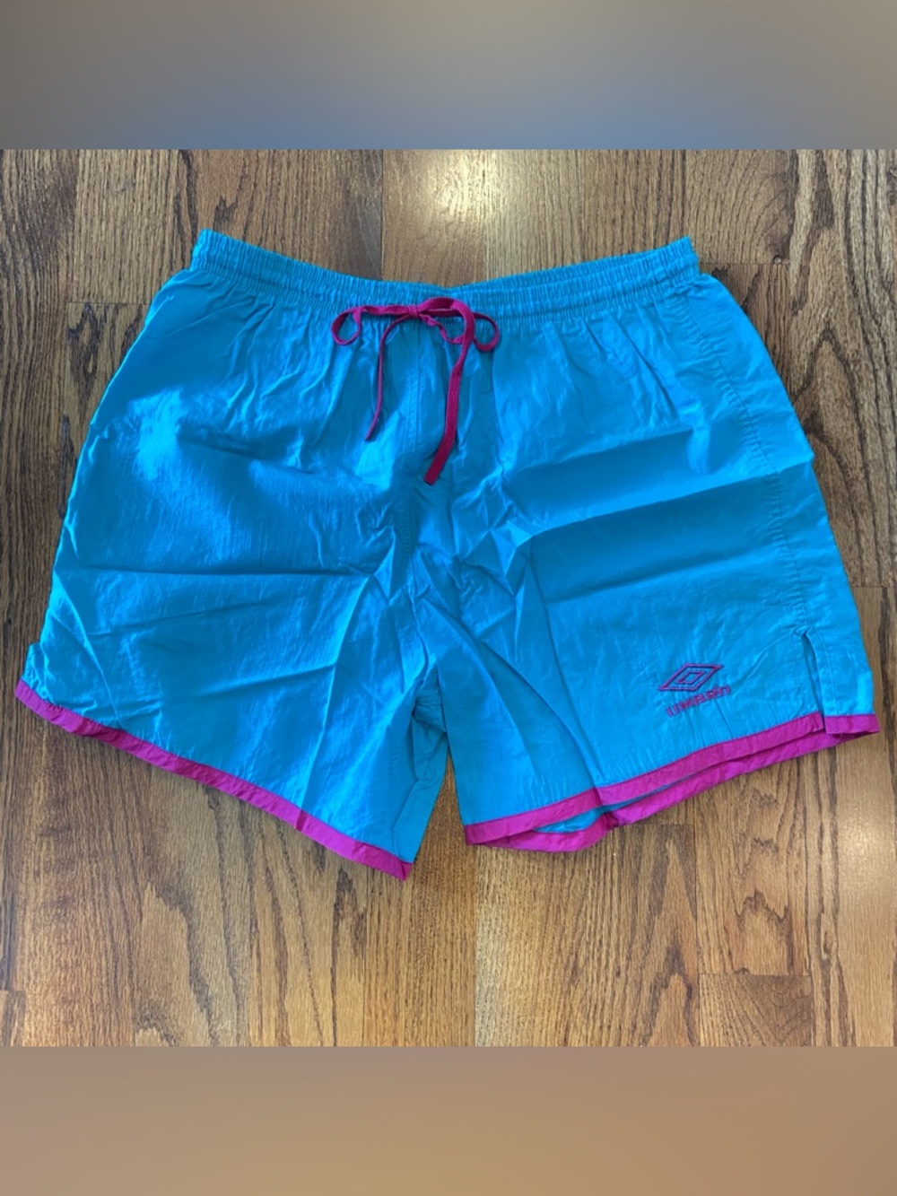 Vintage 80s 90s Umbro Bright Teal and Magenta Pink Exercise Swim Shorts Size L